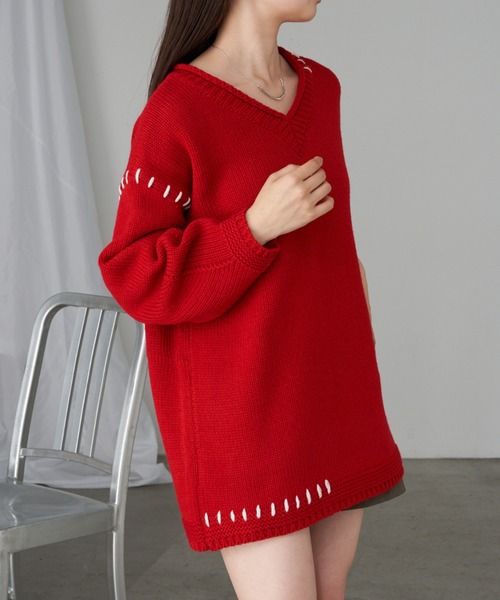 RAY CASSIN（レイカズン）の「【ゆったり着心地】ロゴジャガードチュニックワンピース（ニット/セーター・レディース・レッド/ブルー/チャコールグレー/アイボリー・FREE）」の21枚目の写真