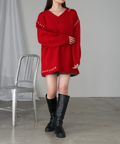 RAY CASSIN（レイカズン）の「【ゆったり着心地】ロゴジャガードチュニックワンピース（ニット/セーター・レディース・レッド/ブルー/チャコールグレー/アイボリー・FREE）」の19枚目の写真