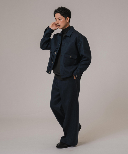 EDIFICE（エディフィス）の「LA BOUCLE (ラブークル) GANSHIN KERSEY ワイドパンツ（スラックス・メンズ・ネイビー/ブラウン・2/3）」の3枚目の写真