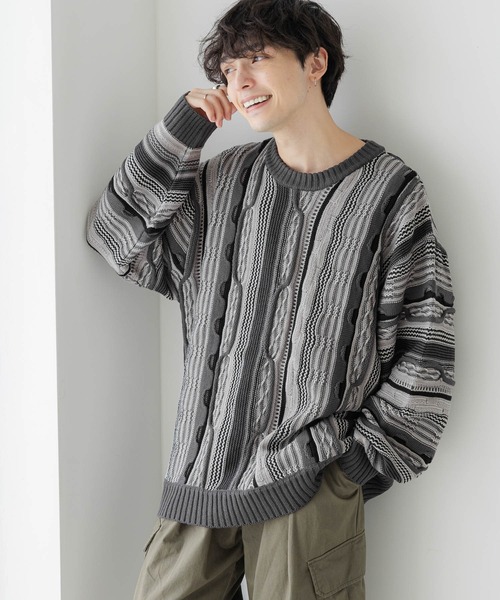 セール】3Dジャガード/オーバーサイズクルーネックニット（ニット