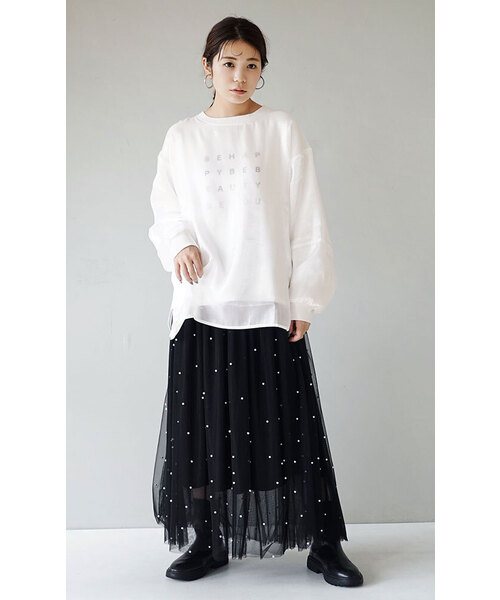 e-zakkamania stores（イーザッカマニアストアーズ）の「裏毛 オーガンジーレイヤード ロゴプルオーバー（スウェット・レディース・オフホワイト・フリー）」の3枚目の写真