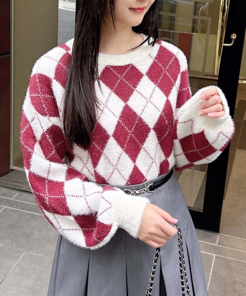 INGNI（イング）の「アーガイル柄フェザーニット（ニット/セーター・レディース・ライトグレー/ベージュ/グレー/ボルドー・M）」の4枚目の写真