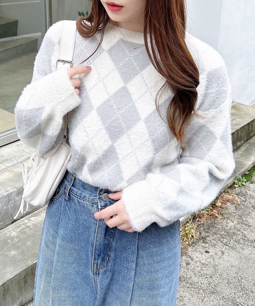 INGNI（イング）の「アーガイル柄フェザーニット（ニット/セーター・レディース・ライトグレー/ベージュ/グレー/ボルドー・M）」の14枚目の写真