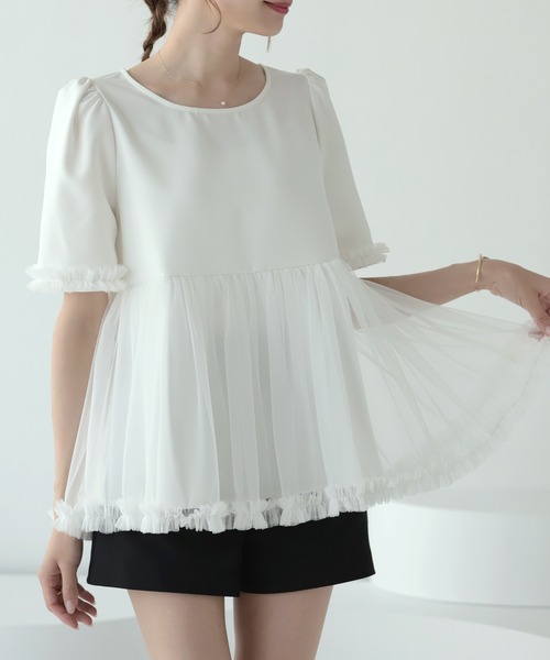 セール】チュールドッキングペプラムトップス（シャツ/ブラウス