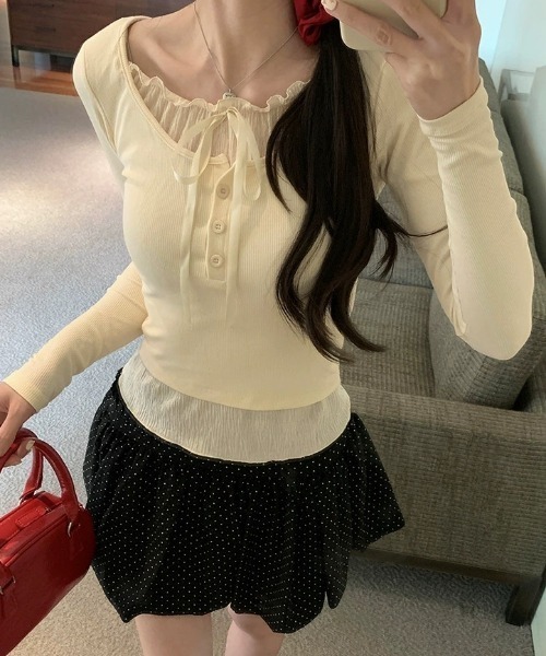 SHEPP(シープ)の「フェイクレイヤード ヘンリーネックリボン付きレース ロンT(Tシャツ/カットソー・レディース・ホワイト/ブラック/グレー・S/M/L)」の20枚目の写真