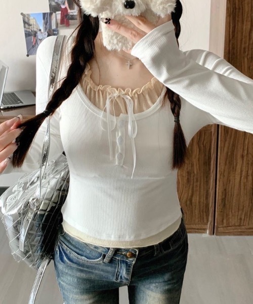 SHEPP(シープ)の「フェイクレイヤード ヘンリーネックリボン付きレース ロンT(Tシャツ/カットソー・レディース・ホワイト/ブラック/グレー・S/M/L)」の4枚目の写真
