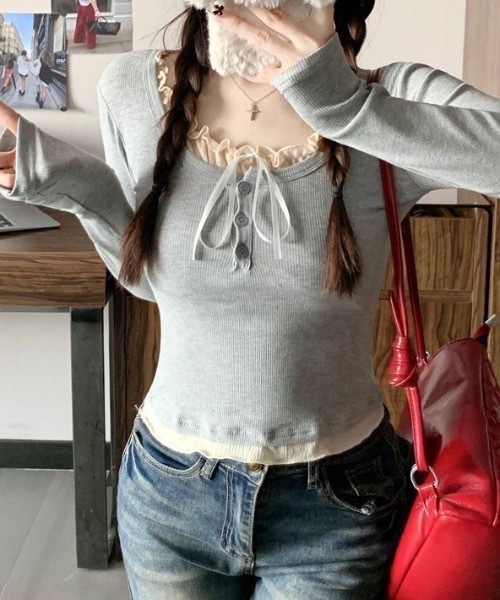 SHEPP(シープ)の「フェイクレイヤード ヘンリーネックリボン付きレース ロンT(Tシャツ/カットソー・レディース・ホワイト/ブラック/グレー・S/M/L)」の8枚目の写真