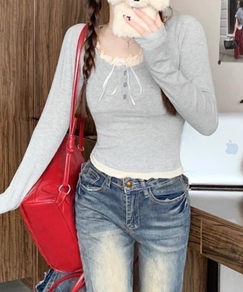 SHEPP(シープ)の「フェイクレイヤード ヘンリーネックリボン付きレース ロンT(Tシャツ/カットソー・レディース・ホワイト/ブラック/グレー・S/M/L)」の9枚目の写真