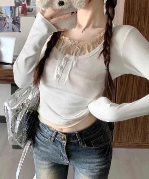 SHEPP(シープ)の「フェイクレイヤード ヘンリーネックリボン付きレース ロンT(Tシャツ/カットソー・レディース・ホワイト/ブラック/グレー・S/M/L)」の5枚目の写真