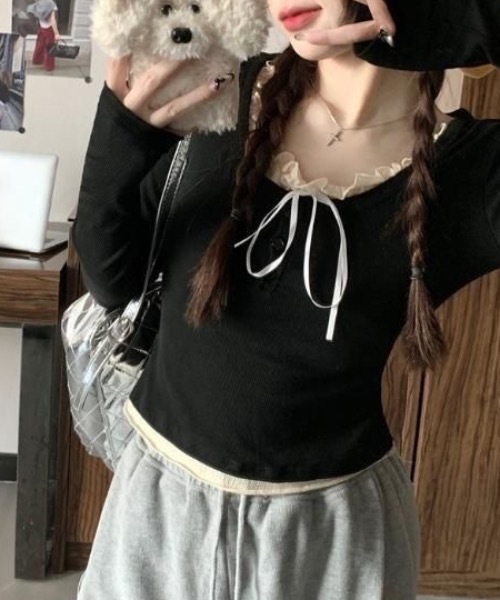 SHEPP(シープ)の「フェイクレイヤード ヘンリーネックリボン付きレース ロンT(Tシャツ/カットソー・レディース・ホワイト/ブラック/グレー・S/M/L)」の7枚目の写真