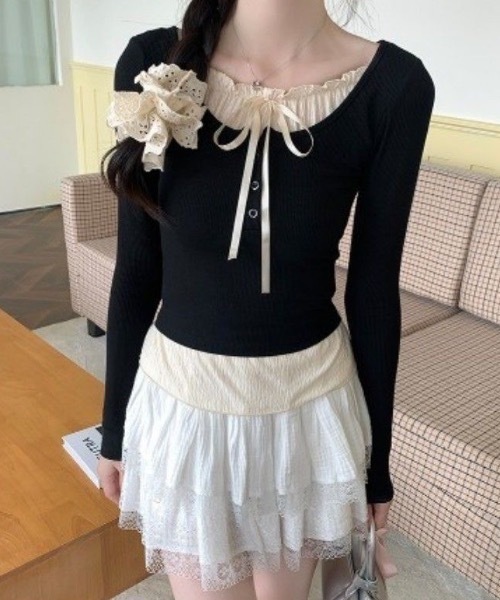 SHEPP(シープ)の「フェイクレイヤード ヘンリーネックリボン付きレース ロンT(Tシャツ/カットソー・レディース・ホワイト/ブラック/グレー・S/M/L)」の6枚目の写真