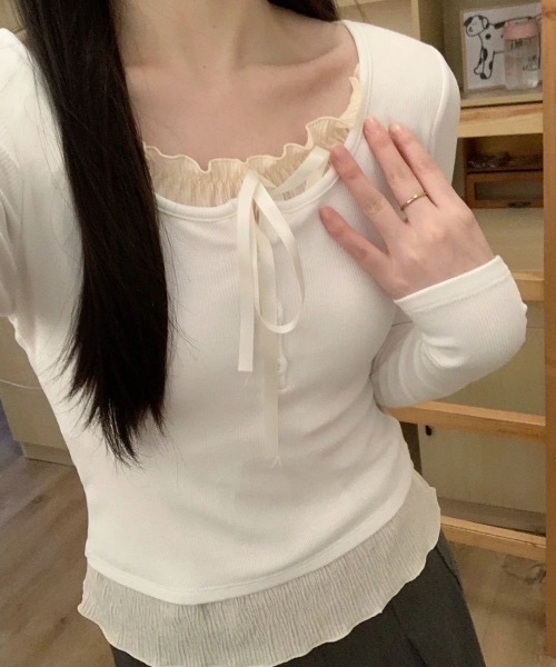 SHEPP(シープ)の「フェイクレイヤード ヘンリーネックリボン付きレース ロンT(Tシャツ/カットソー・レディース・ホワイト/ブラック/グレー・S/M/L)」の14枚目の写真