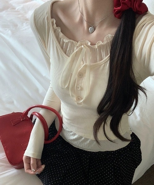 SHEPP(シープ)の「フェイクレイヤード ヘンリーネックリボン付きレース ロンT(Tシャツ/カットソー・レディース・ホワイト/ブラック/グレー・S/M/L)」の16枚目の写真