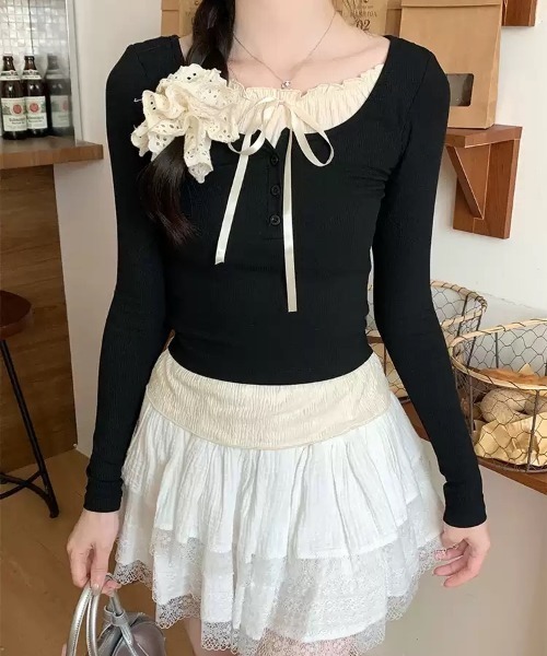 SHEPP(シープ)の「フェイクレイヤード ヘンリーネックリボン付きレース ロンT(Tシャツ/カットソー・レディース・ホワイト/ブラック/グレー・S/M/L)」の17枚目の写真