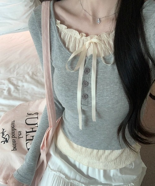 SHEPP(シープ)の「フェイクレイヤード ヘンリーネックリボン付きレース ロンT(Tシャツ/カットソー・レディース・ホワイト/ブラック/グレー・S/M/L)」の18枚目の写真