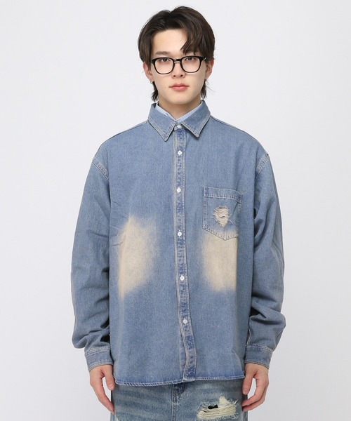 LAND MUSEUM（ランドミュージアム）の「LAND MUSEUM／ダメージデニムシャツ（シャツ/ブラウス・メンズ・ライトブルー/ブラック・FREE）」の16枚目の写真
