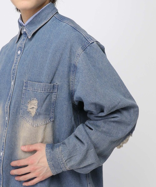 LAND MUSEUM（ランドミュージアム）の「LAND MUSEUM／ダメージデニムシャツ（シャツ/ブラウス・メンズ・ライトブルー/ブラック・FREE）」の20枚目の写真