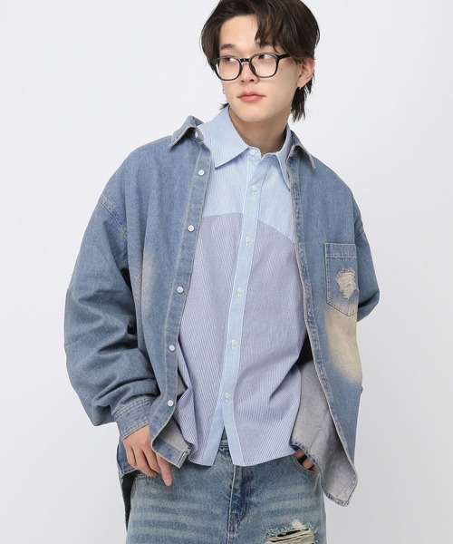 LAND MUSEUM（ランドミュージアム）の「LAND MUSEUM／ダメージデニムシャツ（シャツ/ブラウス・メンズ・ライトブルー/ブラック・FREE）」の11枚目の写真