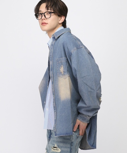 LAND MUSEUM（ランドミュージアム）の「LAND MUSEUM／ダメージデニムシャツ（シャツ/ブラウス・メンズ・ライトブルー/ブラック・FREE）」の12枚目の写真