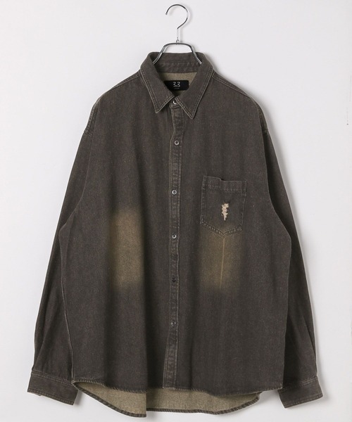 LAND MUSEUM（ランドミュージアム）の「LAND MUSEUM／ダメージデニムシャツ（シャツ/ブラウス・メンズ・ライトブルー/ブラック・FREE）」の13枚目の写真