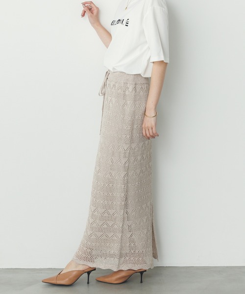 hunch（ハンチ）の「ペーパーヤーン 透かし編み ニットナロースカート（スカート・レディース・ネイビー/ベージュ/ブルーグレー・FREE）」の6枚目の写真