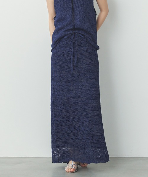 hunch（ハンチ）の「ペーパーヤーン 透かし編み ニットナロースカート（スカート・レディース・ネイビー/ベージュ/ブルーグレー・FREE）」の14枚目の写真