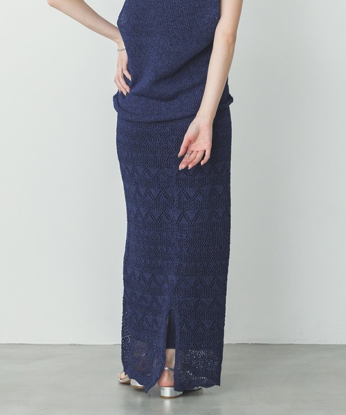 hunch（ハンチ）の「ペーパーヤーン 透かし編み ニットナロースカート（スカート・レディース・ネイビー/ベージュ/ブルーグレー・FREE）」の16枚目の写真