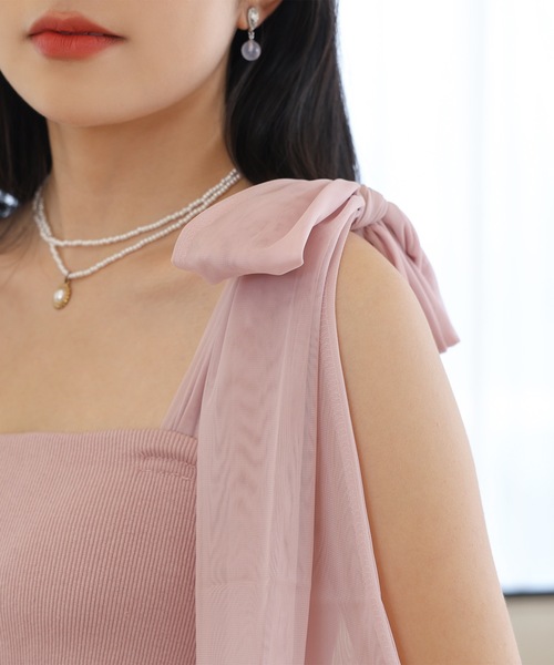 肩リボン ドレープ チュール ロング ドレス ワンピース