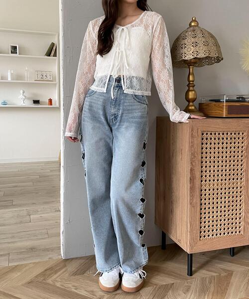 WEGO（ウィゴー）の「WEGO/ハートサイドラインストレートパンツ（デニムパンツ・レディース・ブラック/ライトインディゴブルー・SMALL/MEDIUM）」の4枚目の写真