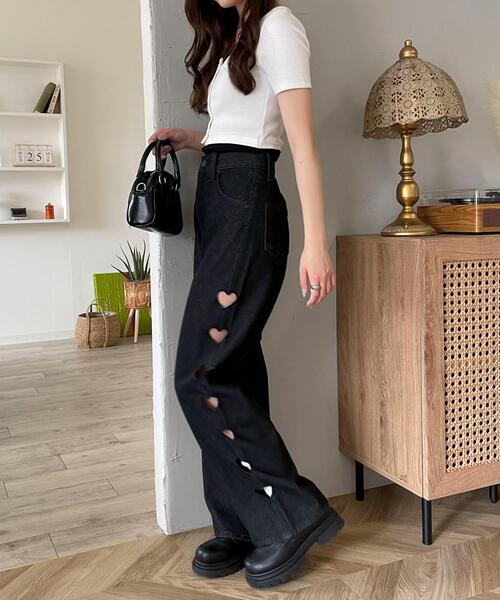 WEGO（ウィゴー）の「WEGO/ハートサイドラインストレートパンツ（デニムパンツ・レディース・ブラック/ライトインディゴブルー・SMALL/MEDIUM）」の14枚目の写真