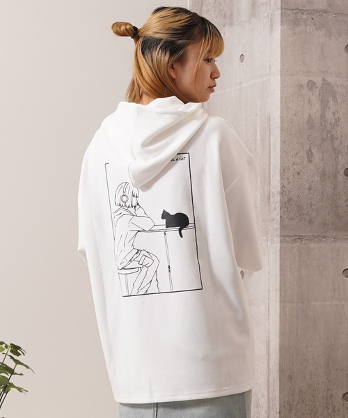 1111clothing(ワンフォークロージング)の「ガール&クロネコ ポンチTパーカー / Girl & Kuroneko Ponch Short-Sleeved Hoodie(パーカー・レディース・ブラック/ライトグレー/ホワイト・L/M)」の22枚目の写真