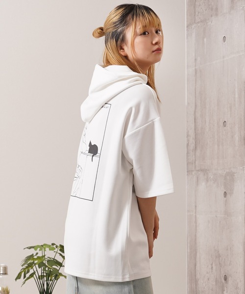 1111clothing(ワンフォークロージング)の「ガール&クロネコ ポンチTパーカー / Girl & Kuroneko Ponch Short-Sleeved Hoodie(パーカー・レディース・ブラック/ライトグレー/ホワイト・L/M)」の21枚目の写真
