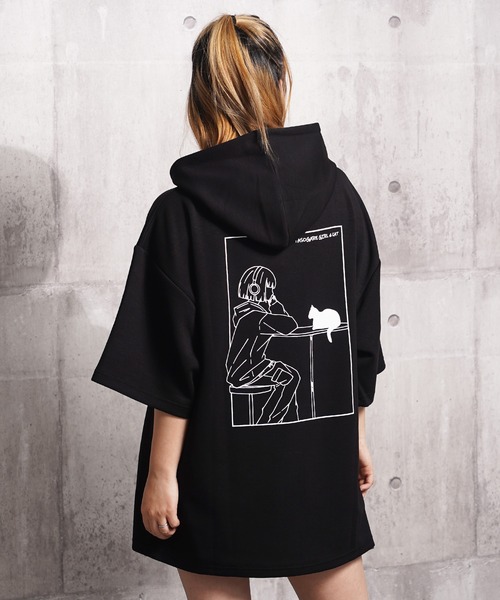 1111clothing(ワンフォークロージング)の「ガール&クロネコ ポンチTパーカー / Girl & Kuroneko Ponch Short-Sleeved Hoodie(パーカー・レディース・ブラック/ライトグレー/ホワイト・L/M)」の11枚目の写真