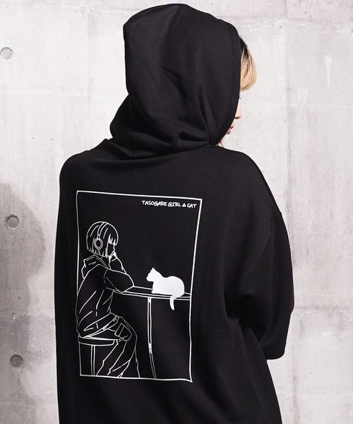 1111clothing(ワンフォークロージング)の「ガール&クロネコ ポンチTパーカー / Girl & Kuroneko Ponch Short-Sleeved Hoodie(パーカー・レディース・ブラック/ライトグレー/ホワイト・L/M)」の9枚目の写真