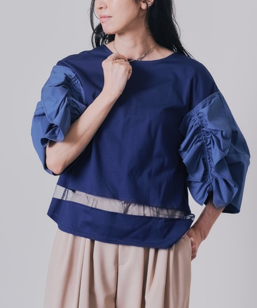 DOLLUPOOPS(ドールアップウップス)の「フリルスリーブ配色ステッチヘムシアートップス(Tシャツ/カットソー・レディース・ダークグリーン/ブラック/ネイビー・38)」の3枚目の写真