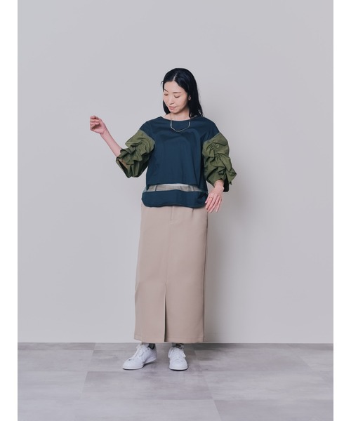 DOLLUPOOPS(ドールアップウップス)の「フリルスリーブ配色ステッチヘムシアートップス(Tシャツ/カットソー・レディース・ダークグリーン/ブラック/ネイビー・38)」の12枚目の写真