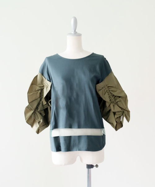 DOLLUPOOPS(ドールアップウップス)の「フリルスリーブ配色ステッチヘムシアートップス(Tシャツ/カットソー・レディース・ダークグリーン/ブラック/ネイビー・38)」の10枚目の写真