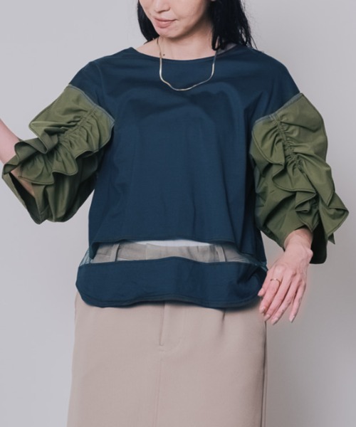 DOLLUPOOPS(ドールアップウップス)の「フリルスリーブ配色ステッチヘムシアートップス(Tシャツ/カットソー・レディース・ダークグリーン/ブラック/ネイビー・38)」の7枚目の写真