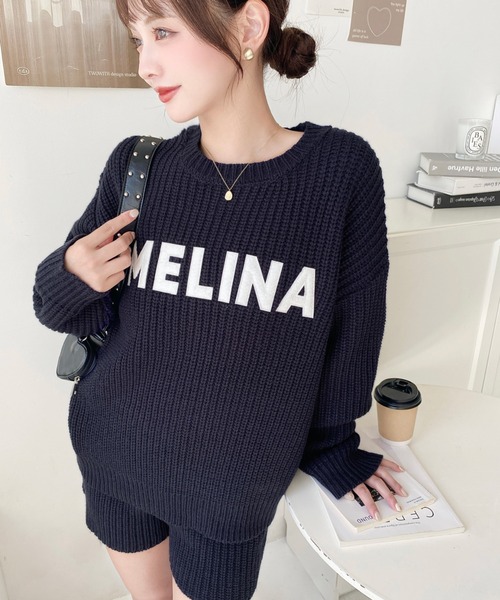 【最終値下げ　新品未使用】Another Office☆ニット☆01☆チャコール セットアップ>フェルトワッペンロゴニットプルオーバー&ショートパンツ