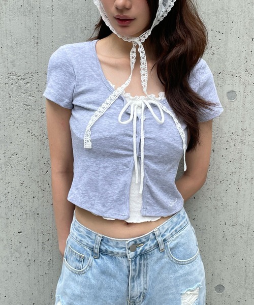 FOREVER 21（フォーエバー トゥエンティーワン）の「【2025SS】レイヤード風フリルＴシャツ（Tシャツ/カットソー・レディース・ネイビー/グレー/レッド・FREE）」の2枚目の写真