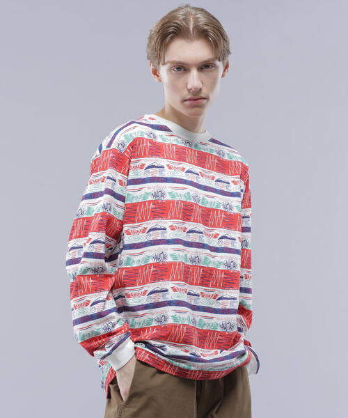 MANASTASH（マナスタッシュ）の「MANASTASH/マナスタッシュ  MTN STRIPE L/S TEE/マウンテンストライプロングスリーブTシャツ（Tシャツ/カットソー・メンズ・ブラック/レッド・L/M/S/XL）」の2枚目の写真