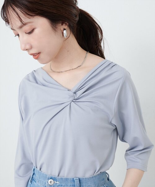 natural couture(ナチュラルクチュール)の「【sherbet line】接触冷感 選べる袖丈ねじりTシャツ(Tシャツ/カットソー・レディース・ピンク系その他/イエロー/オフホワイト/ブルー/ブラック・FREE/フリ-)」の1枚目の写真