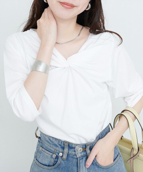 natural couture(ナチュラルクチュール)の「【sherbet line】接触冷感 選べる袖丈ねじりTシャツ(Tシャツ/カットソー・レディース・ピンク系その他/イエロー/オフホワイト/ブルー/ブラック・FREE/フリ-)」の6枚目の写真