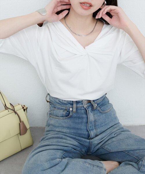 natural couture(ナチュラルクチュール)の「【sherbet line】接触冷感 選べる袖丈ねじりTシャツ(Tシャツ/カットソー・レディース・ピンク系その他/イエロー/オフホワイト/ブルー/ブラック・FREE/フリ-)」の7枚目の写真