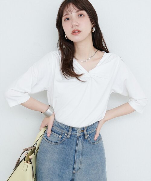 natural couture(ナチュラルクチュール)の「【sherbet line】接触冷感 選べる袖丈ねじりTシャツ(Tシャツ/カットソー・レディース・ピンク系その他/イエロー/オフホワイト/ブルー/ブラック・FREE/フリ-)」の8枚目の写真