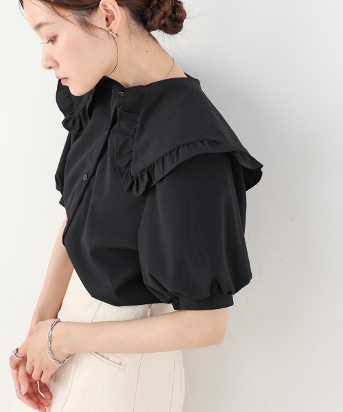 BABYLONE 5分袖パフスリーブジャケット ブラック 36(S) 新品タグ付 セール】ビックカラーハーフスリーブブラウス（シャツ/ブラウス）｜Bab
