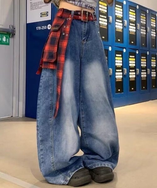 セール】チェックベルト付きバギーデニムパンツ（デニムパンツ