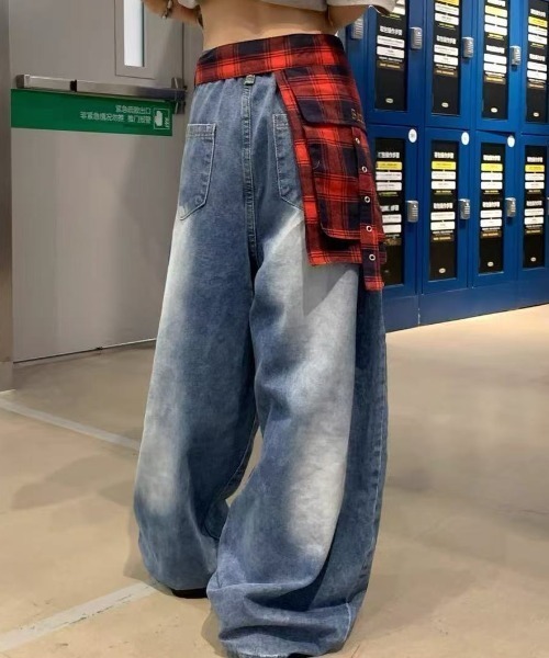 セール】チェックベルト付きバギーデニムパンツ（デニムパンツ