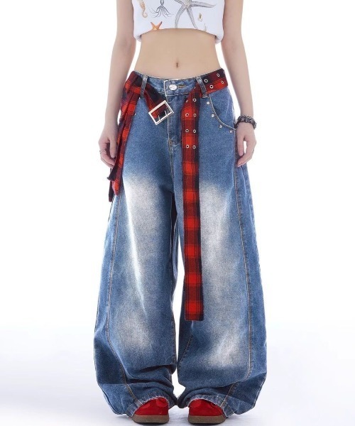 【パンツ変更】チェック シャツ バギー デニム c-boy style c-boy style y2k スカル バギーパンツ ロック ストリートコーデ