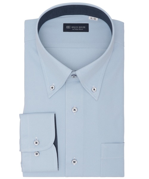 TOKYO SHIRTS(トウキョウシャツ)の「形態安定ノンアイロン ボタンダウン 長袖ストレッチビジネスワイシャツ(大きいサイズ・長いサイズ)(ビジネスシャツ・メンズ・ブルー・首回り39cm-裄丈88cm/首回り42cm-裄丈90cm/首回り43cm-裄丈90cm/首回り45cm-裄丈86cm/首回り47cm-裄丈86cm/首回り47cm-裄丈90cm/首回り45cm-裄丈82cm/首回り41cm-裄丈90cm/首回り45cm-裄丈90cm)」の1枚目の写真